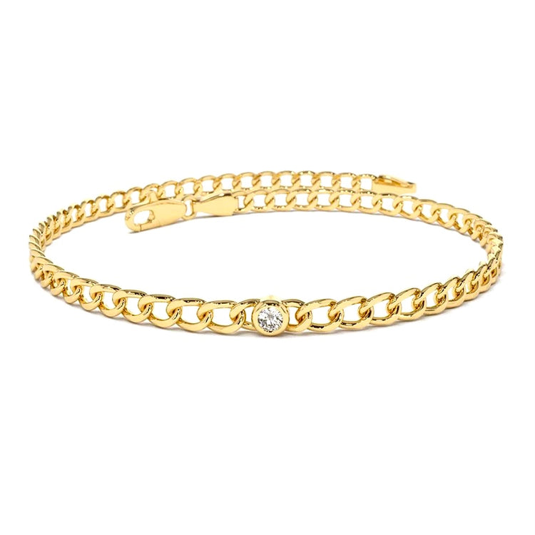 Gold Vermeil Curb Chain Solitaire Bezel Set CZ